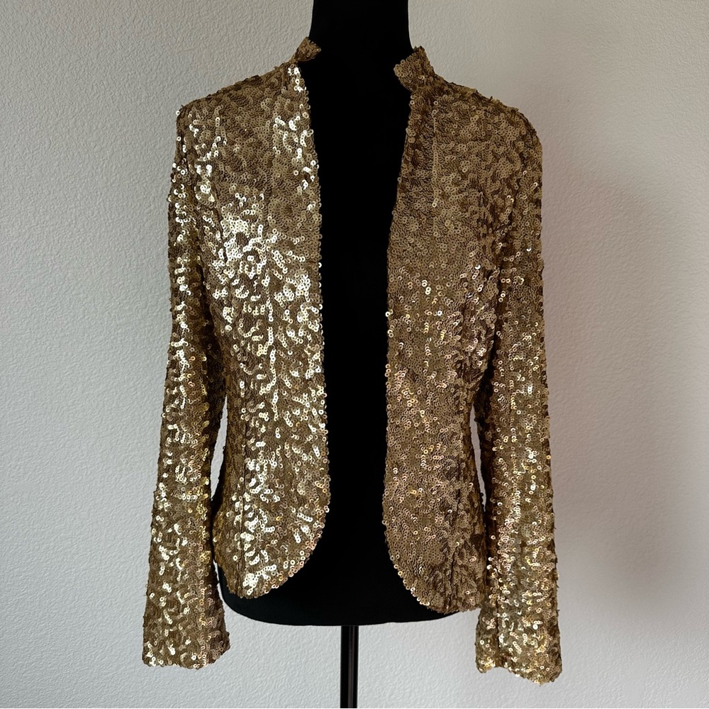London Jean Gold Sequin Open Front Jacket Size‎ 4 Evening Blazer